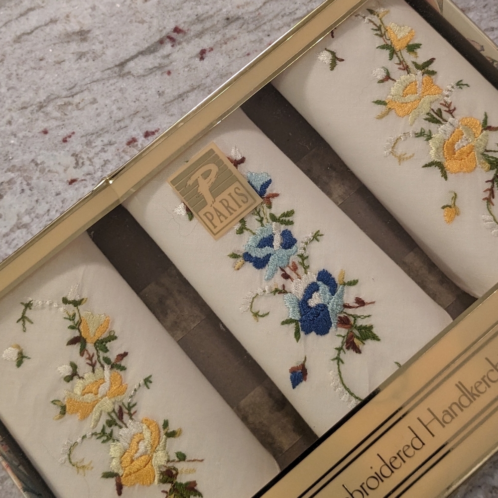 Embroidered Vintage 100% Cotton 3 Floral Handkerchief White W/ Yellow Blue Satin